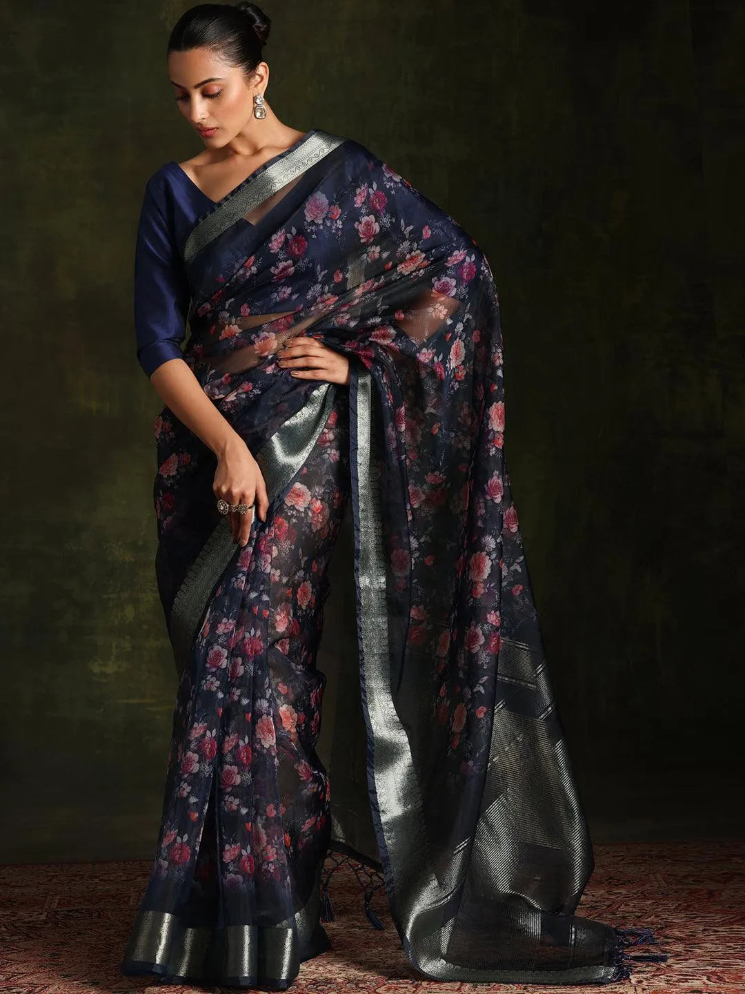 Blue Printed Organza Saree With Unstitched Blouse Piece - Libas 