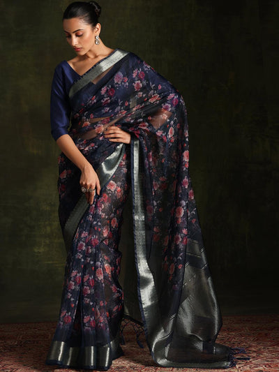 Blue Printed Organza Saree With Unstitched Blouse Piece - Libas