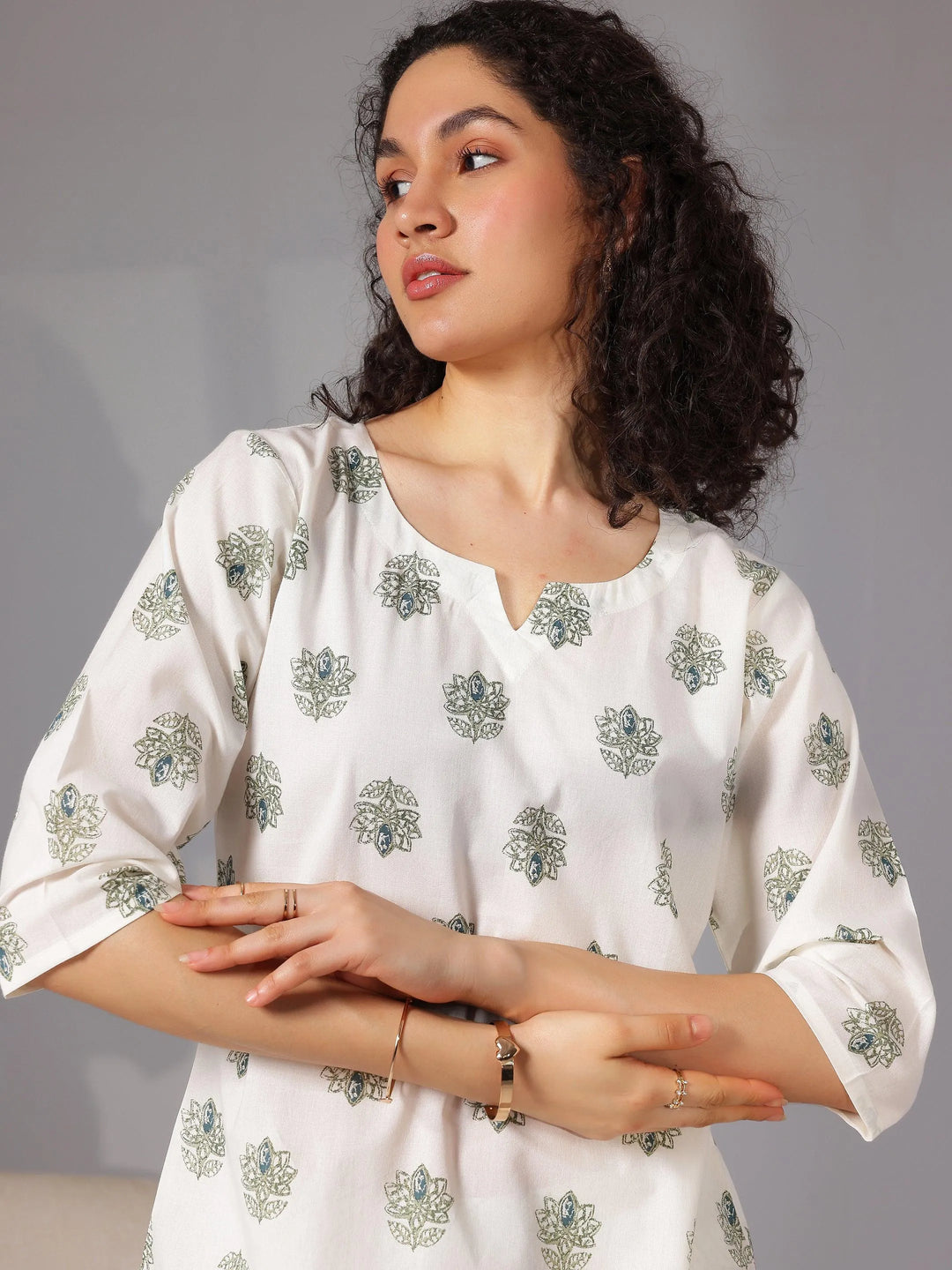 Cream Printed Cotton Night Suits - Libas 