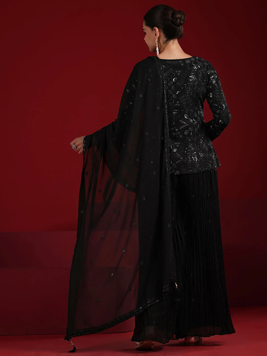  Libas Art Black Embroidered Georgette A-Line Suit Set With Dupatta 