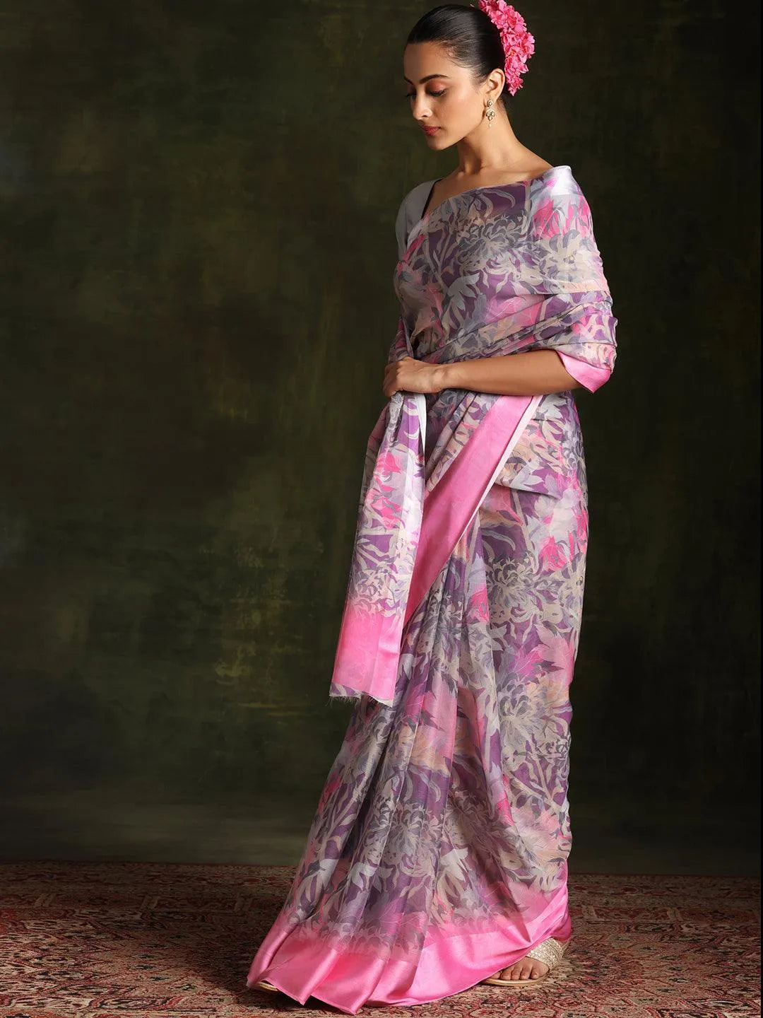 Multicoloured Printed Silk Blend Saree With Unstitched Blouse Piece - Libas 