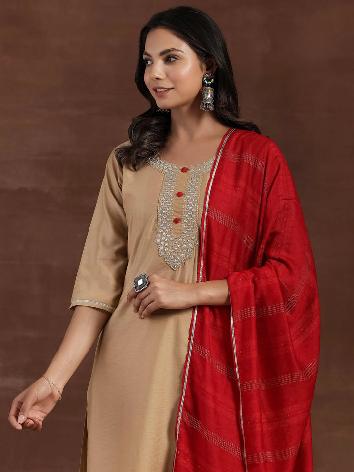 Beige Yoke Design Silk Blend Straight Kurta With Trousers & Dupatta - Libas
