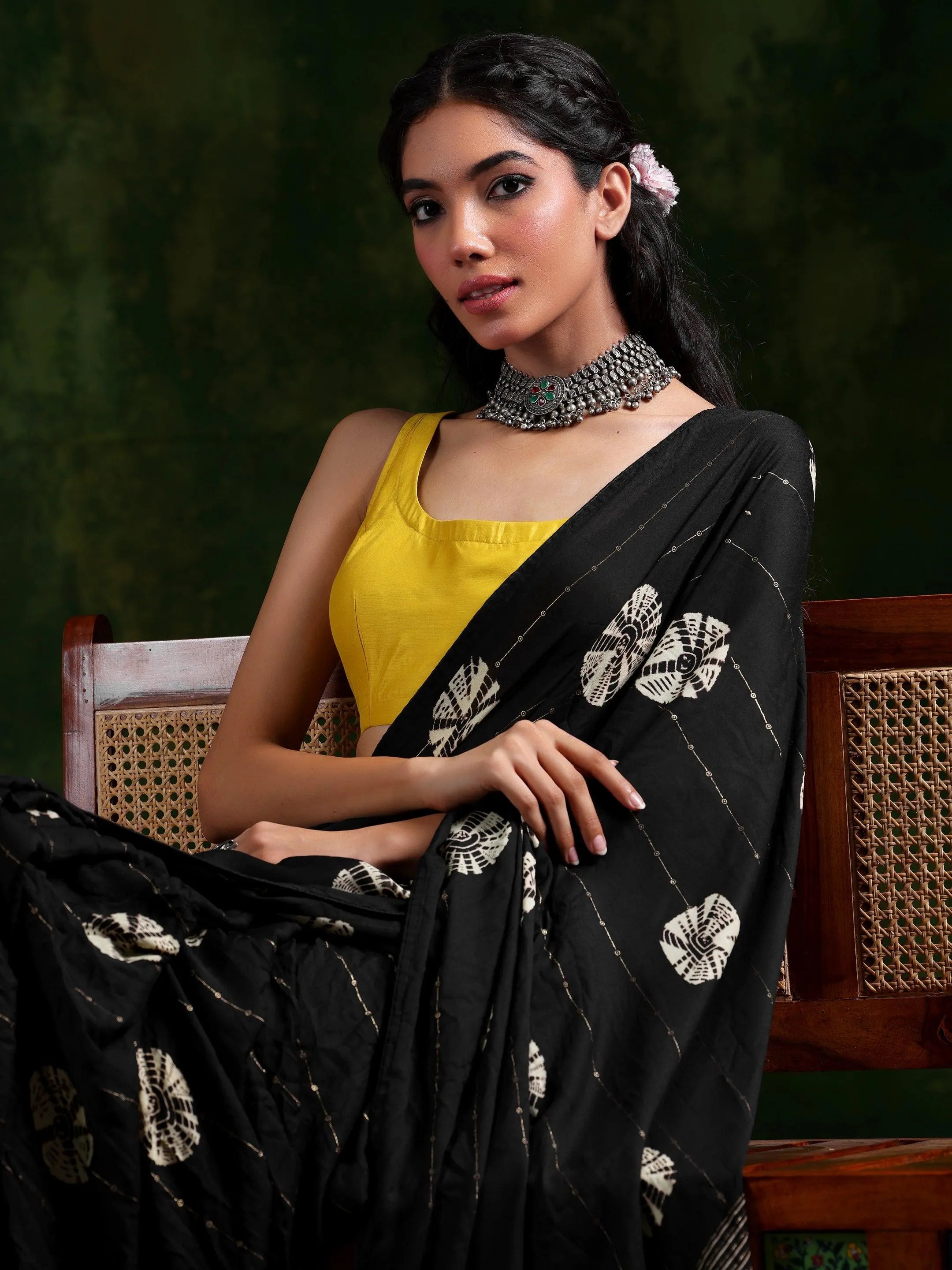 Libas Art Black Floral Embellished Satin Saree With Unstitched Blouse Piece