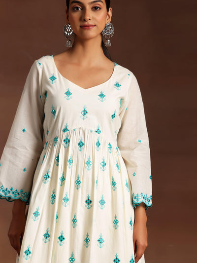 Off White Embroidered Cotton Anarkali Suit With Dupatta - Libas