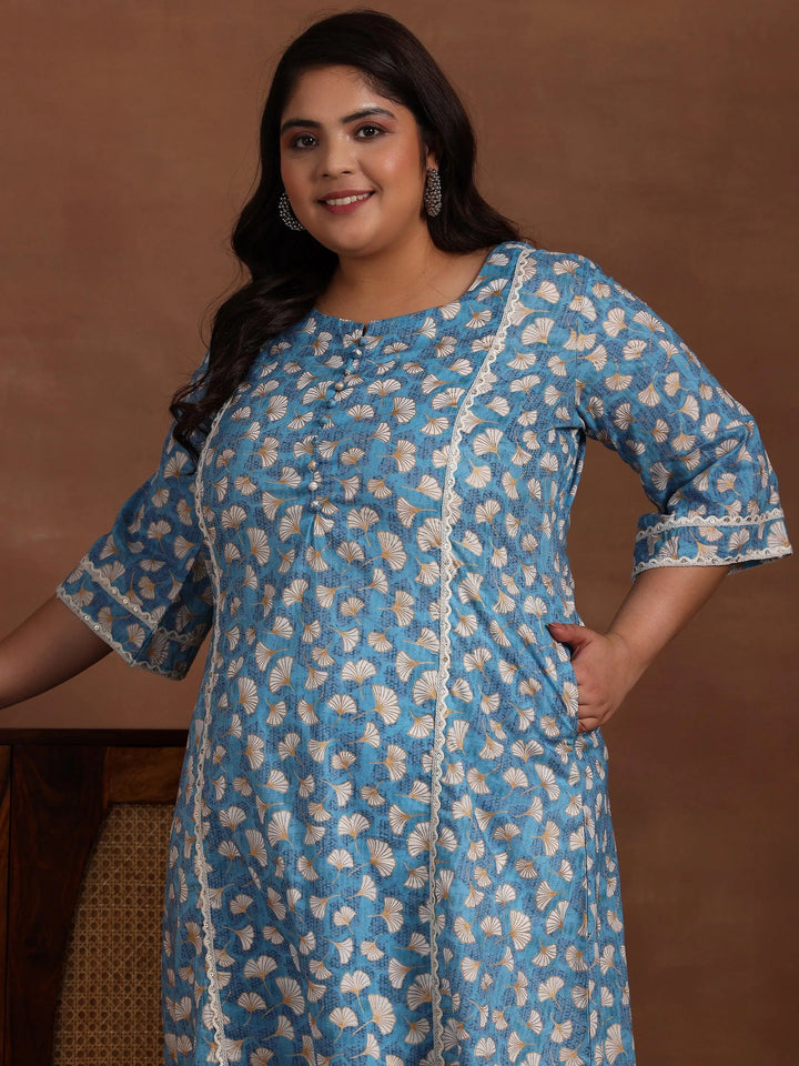 Plus Size Blue Printed Cotton A-Line Kurta - Libas