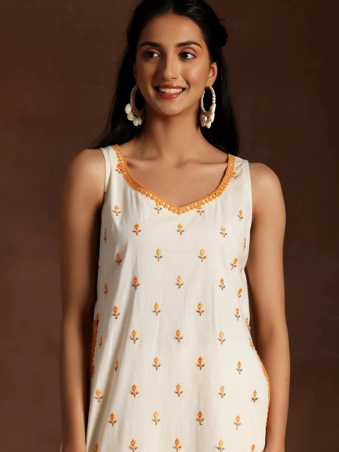  Off White Embroidered Cotton Straight Suit With Dupatta 