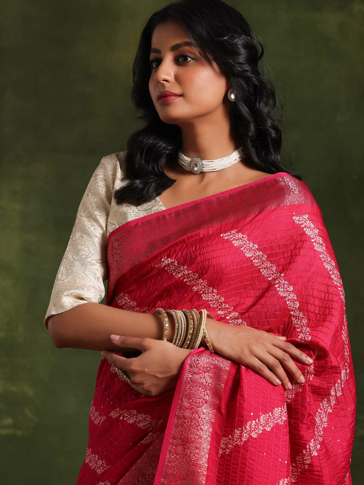 Pink Printed Silk Blend Saree With Unstitched Blouse Piece - Libas