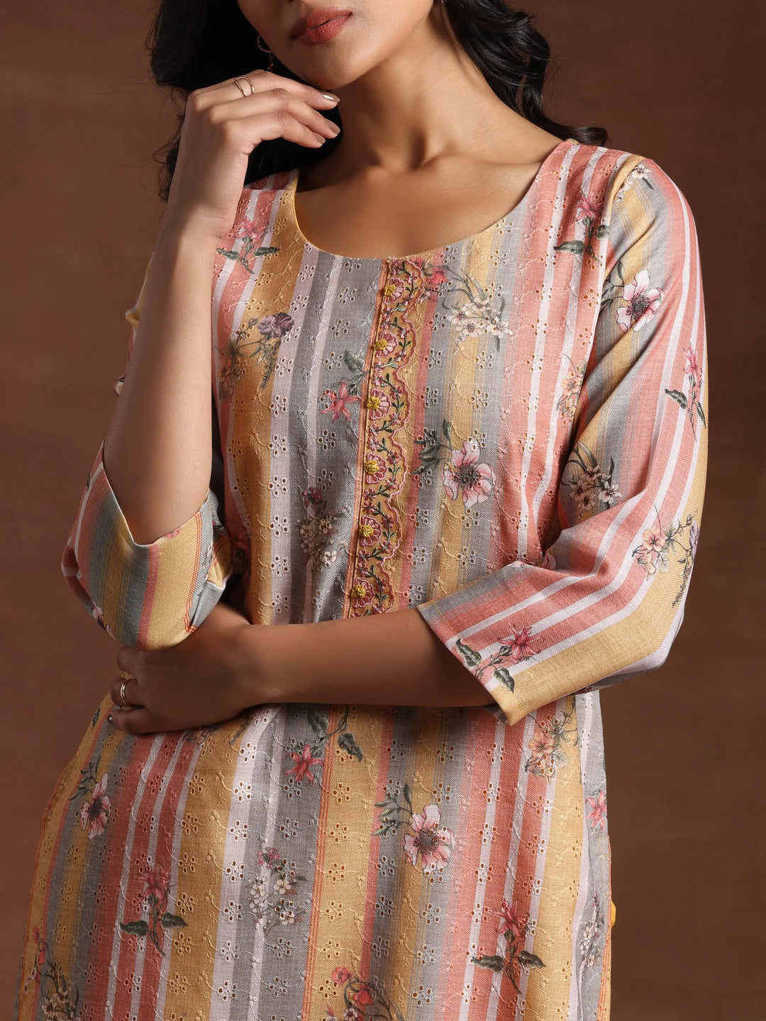 Mustard Striped Cotton Straight Suit With Dupatta - Libas 