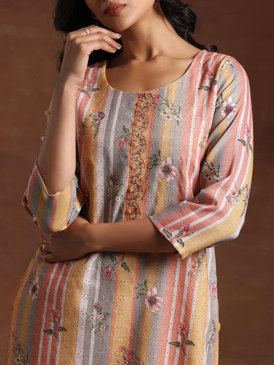 Mustard Striped Cotton Straight Suit With Dupatta - Libas