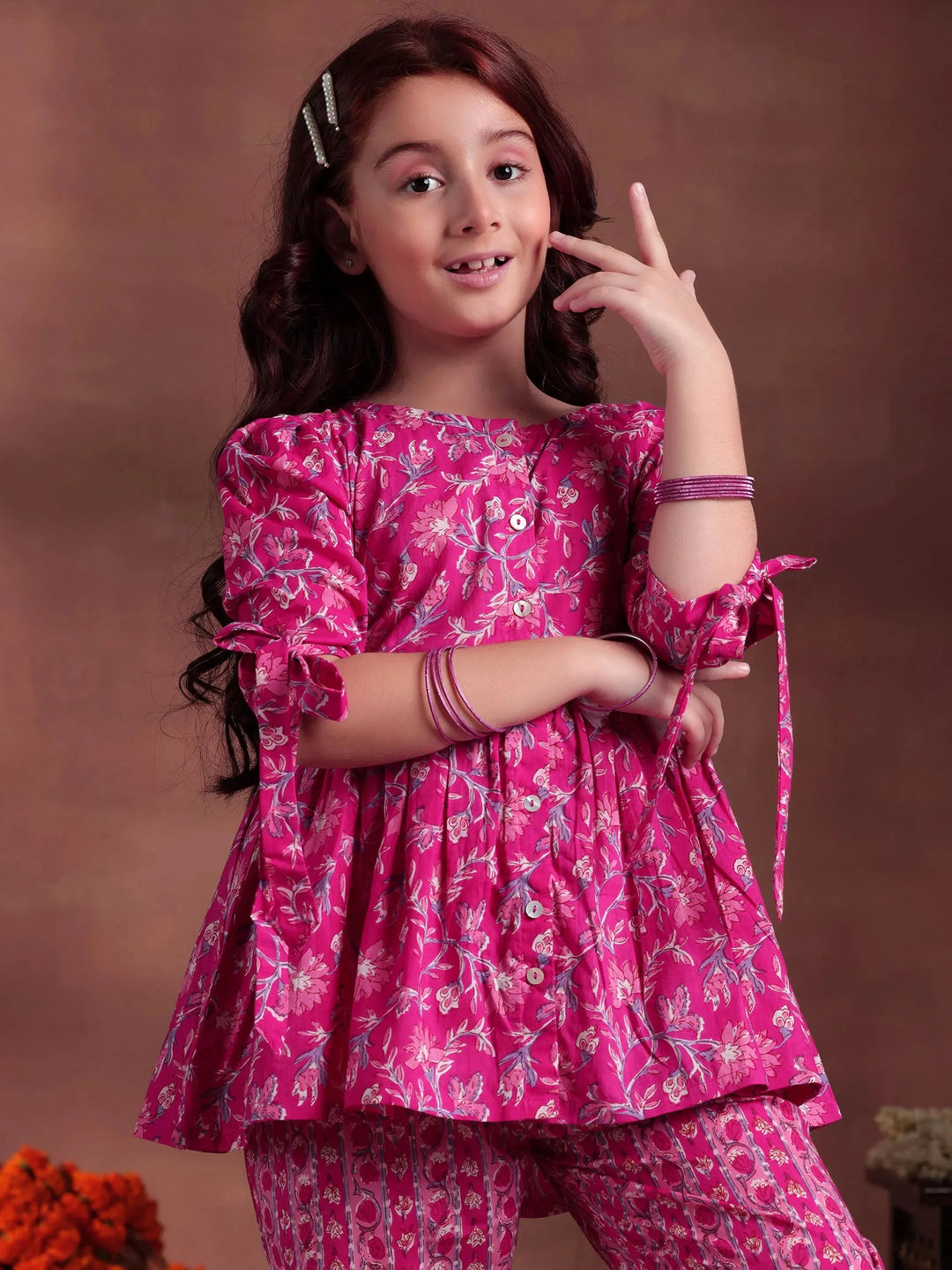  Kids Pink Printed Cotton A-Line Kurti With Trousers & Dupatta 