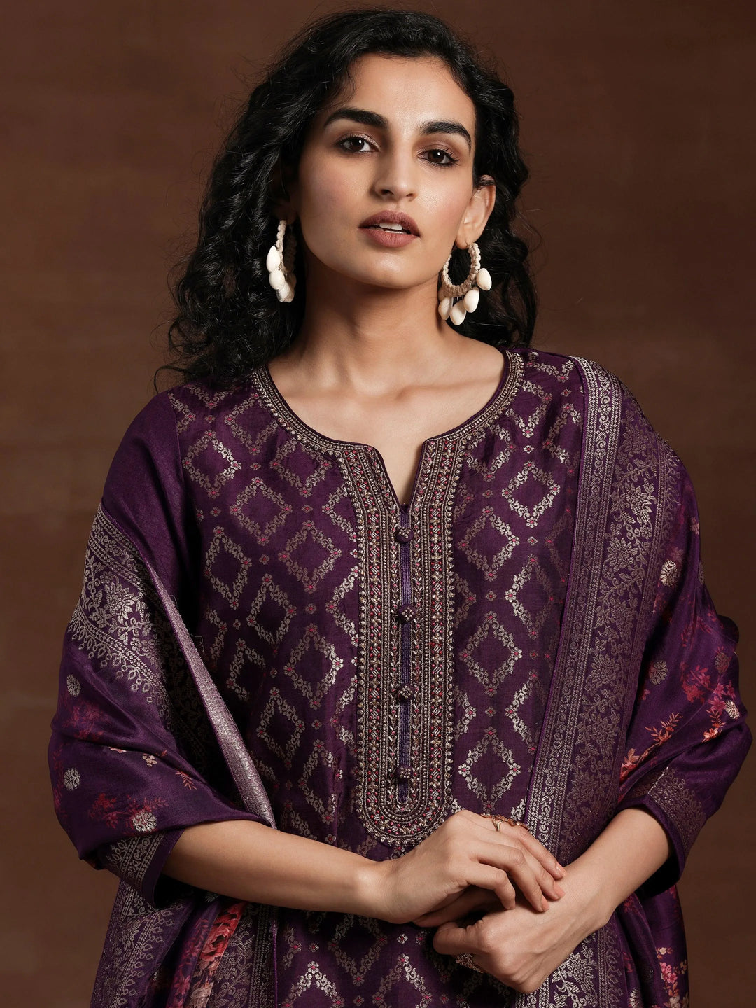 Purple Woven Design Silk Blend Straight Suit With Dupatta - Libas