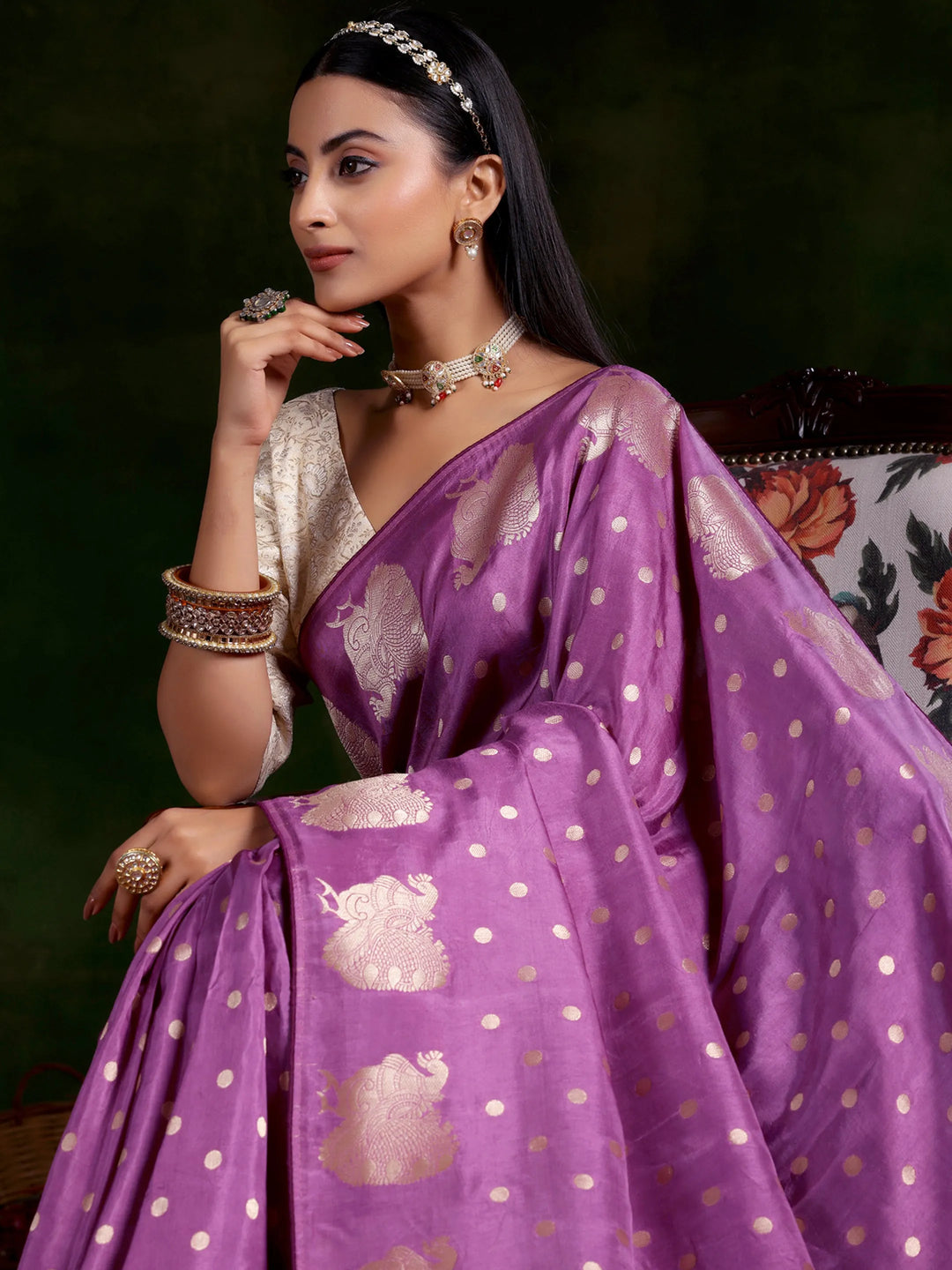  Mauve Woven Design Silk Blend Saree With Unstitched Blouse Piece 