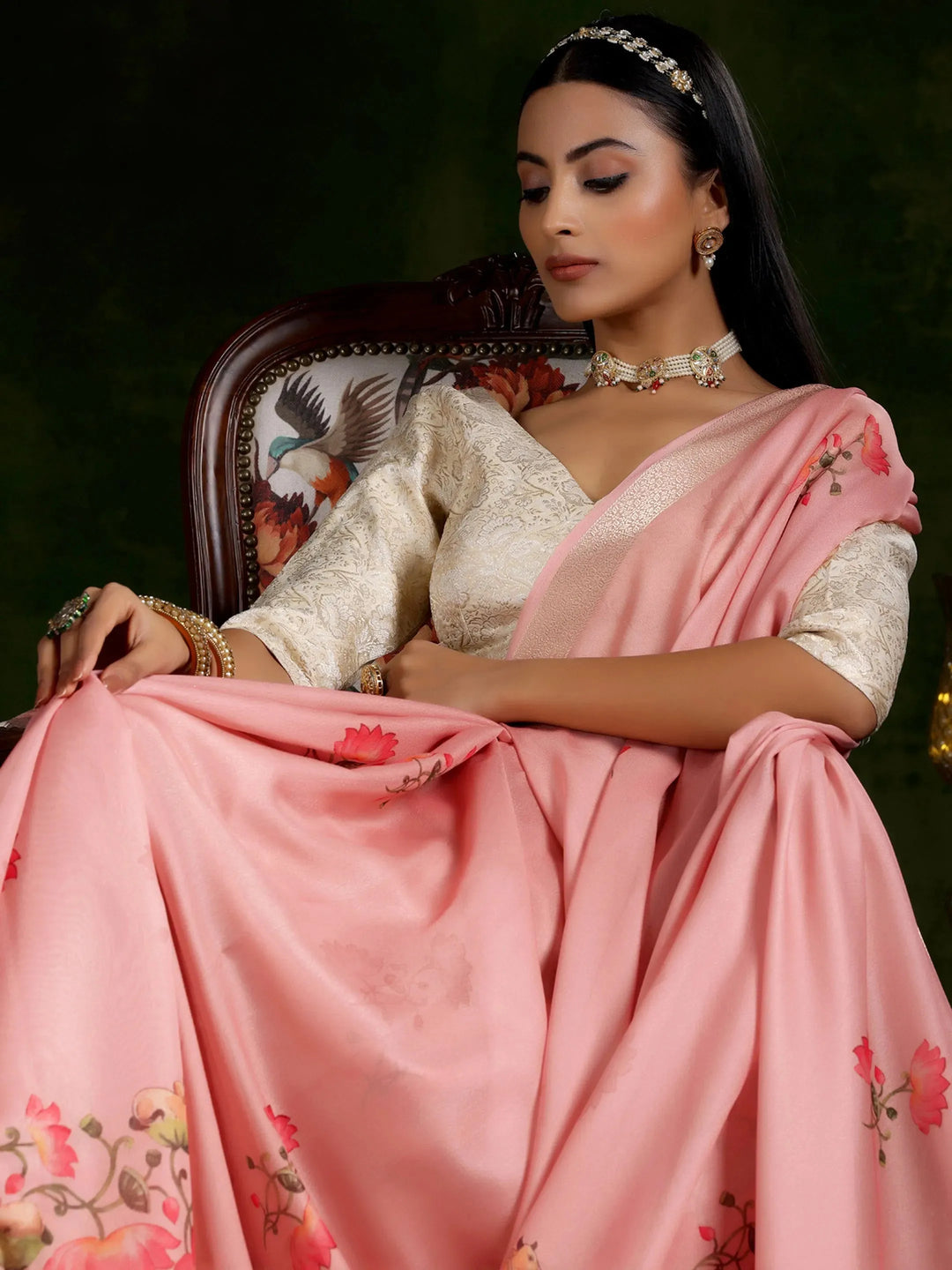  Peach Printed Silk Blend Saree With Unstitched Blouse Piece 