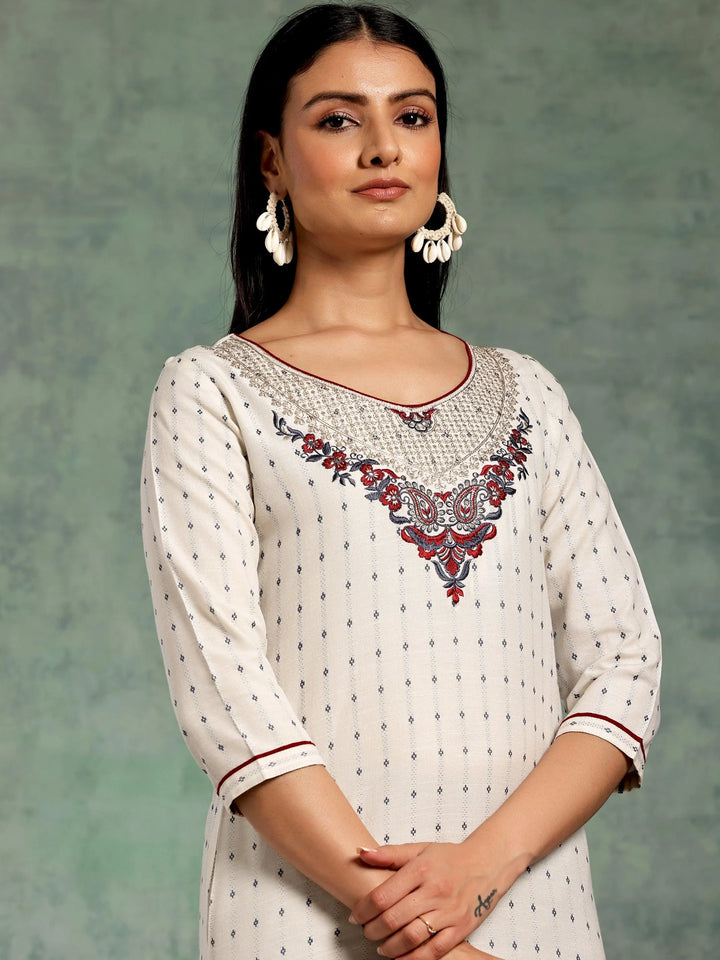 Off White Yoke Design Cotton Straight Kurta - Libas