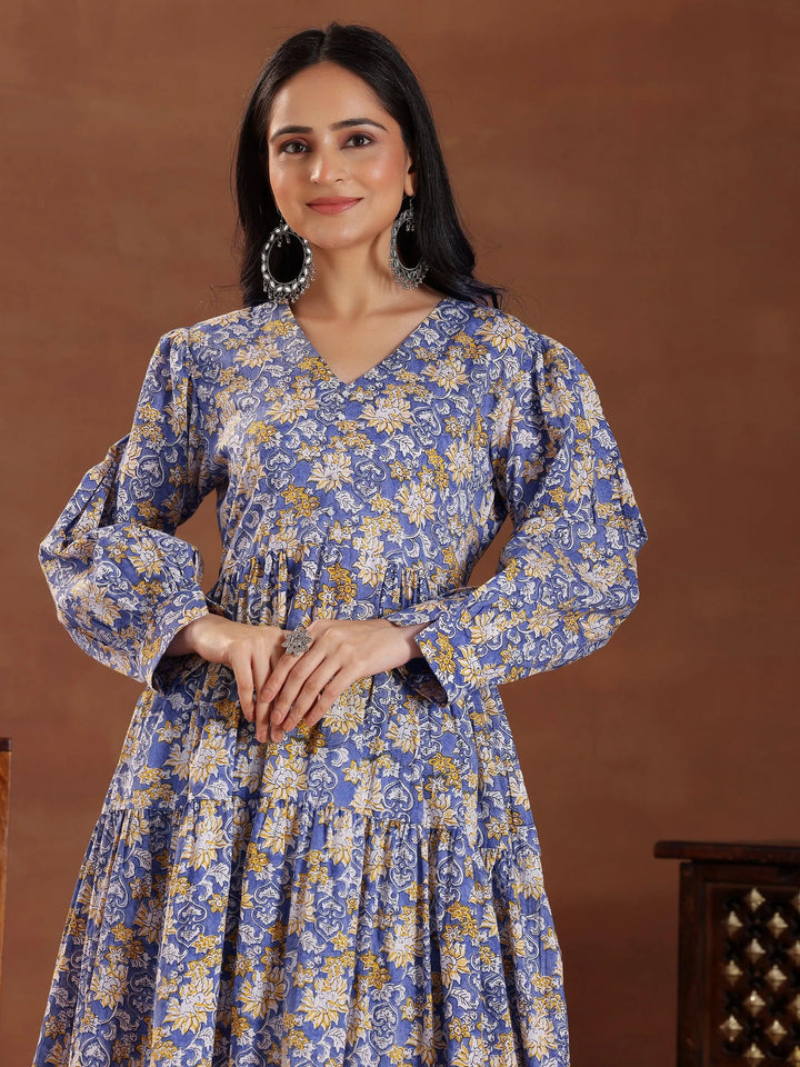 Blue Printed Cotton Fit and Flare Dress - Libas