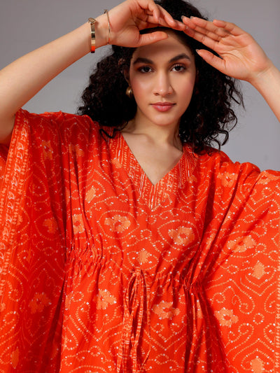 Orange Printed Cotton Kaftan Night Dress - Libas
