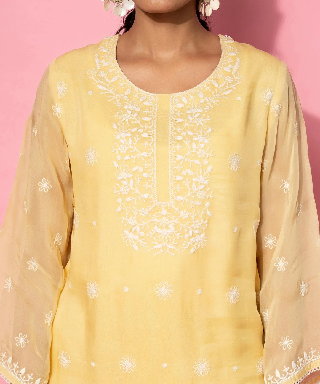  Yellow Embroidered Silk Blend Co-Ords 