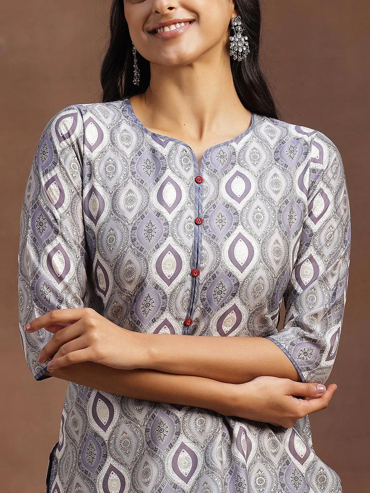 Grey Printed Silk Blend Straight Suit With Dupatta - Libas