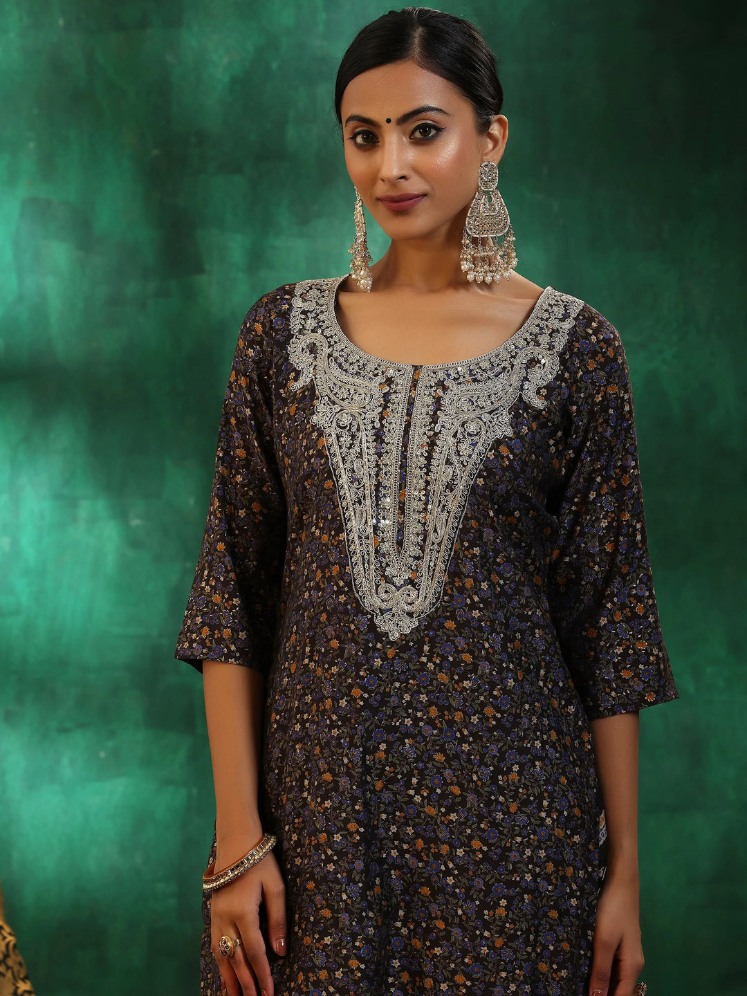  Black Printed Silk Blend Straight Suit With Dupatta 