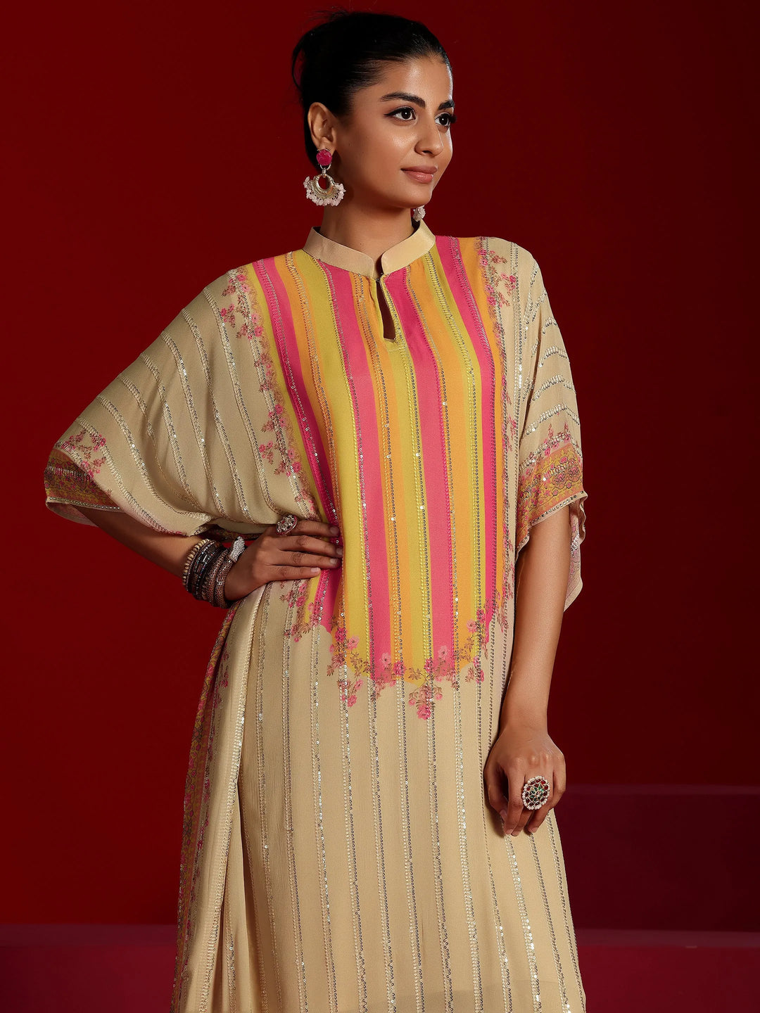  Libas Art Beige Printed Poly Georgette 3 Piece Co-Ords 