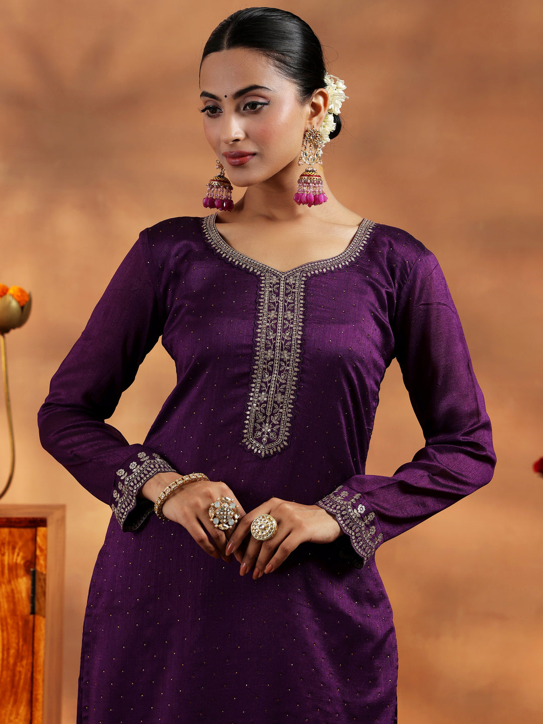  Burgundy Embroidered Silk Blend Straight Suit With Dupatta 