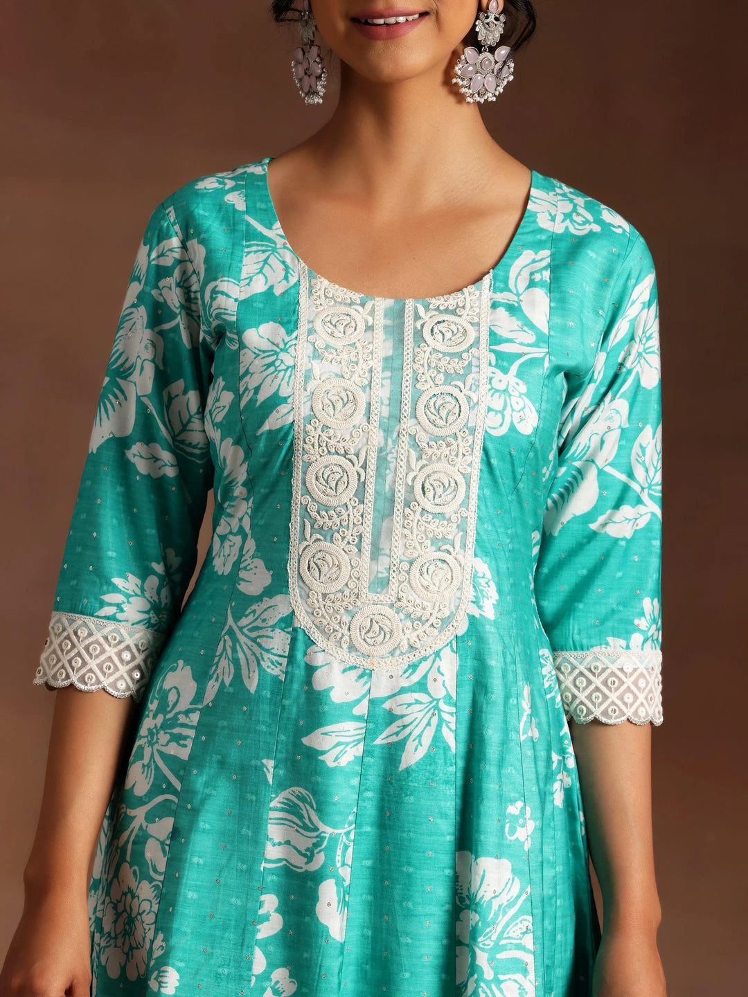 Abidaah Green Printed Silk Blend A-Line Kurta With Trousers & Dupatta - Libas 