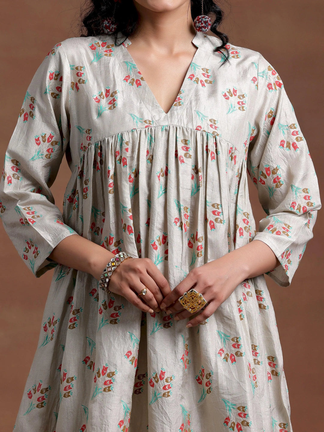 Grey Printed Silk Blend A-Line Kurta With Trousers - Libas 