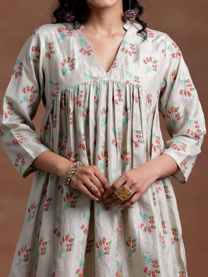 Grey Printed Silk Blend A-Line Kurta With Trousers - Libas
