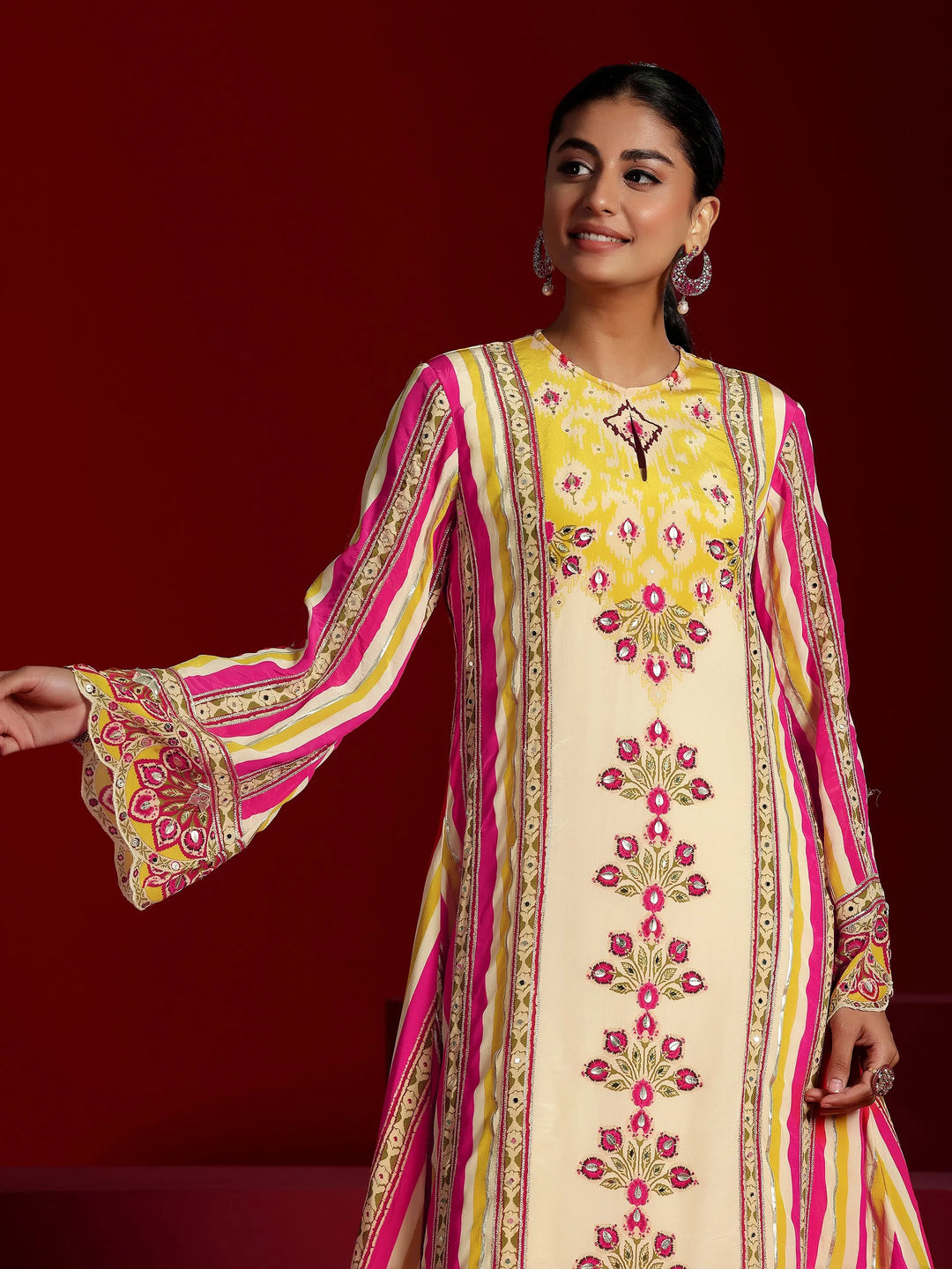  Libas Art Multi Printed Silk Crepe A-Line Kurta With Dhoti Pants 