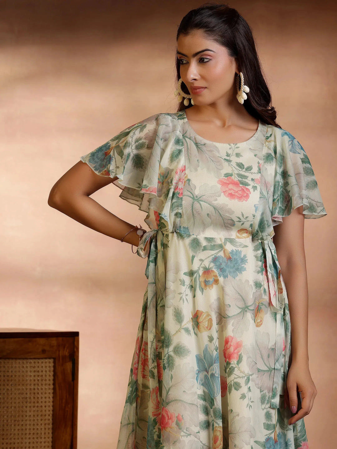  Off White Printed Polyester A-Line Dress 