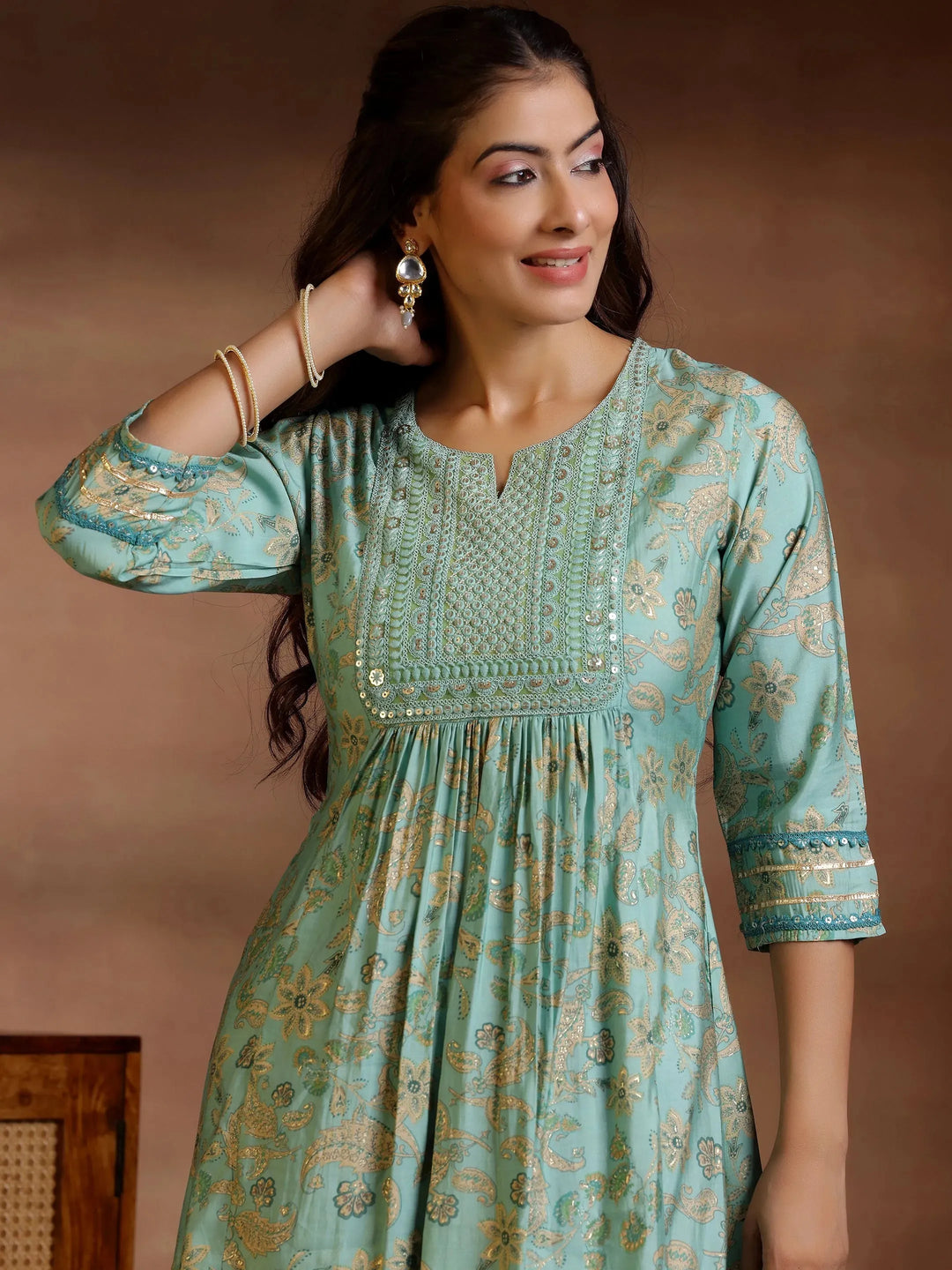  Green Printed Silk Blend A-Line Kurta With Palazzos 