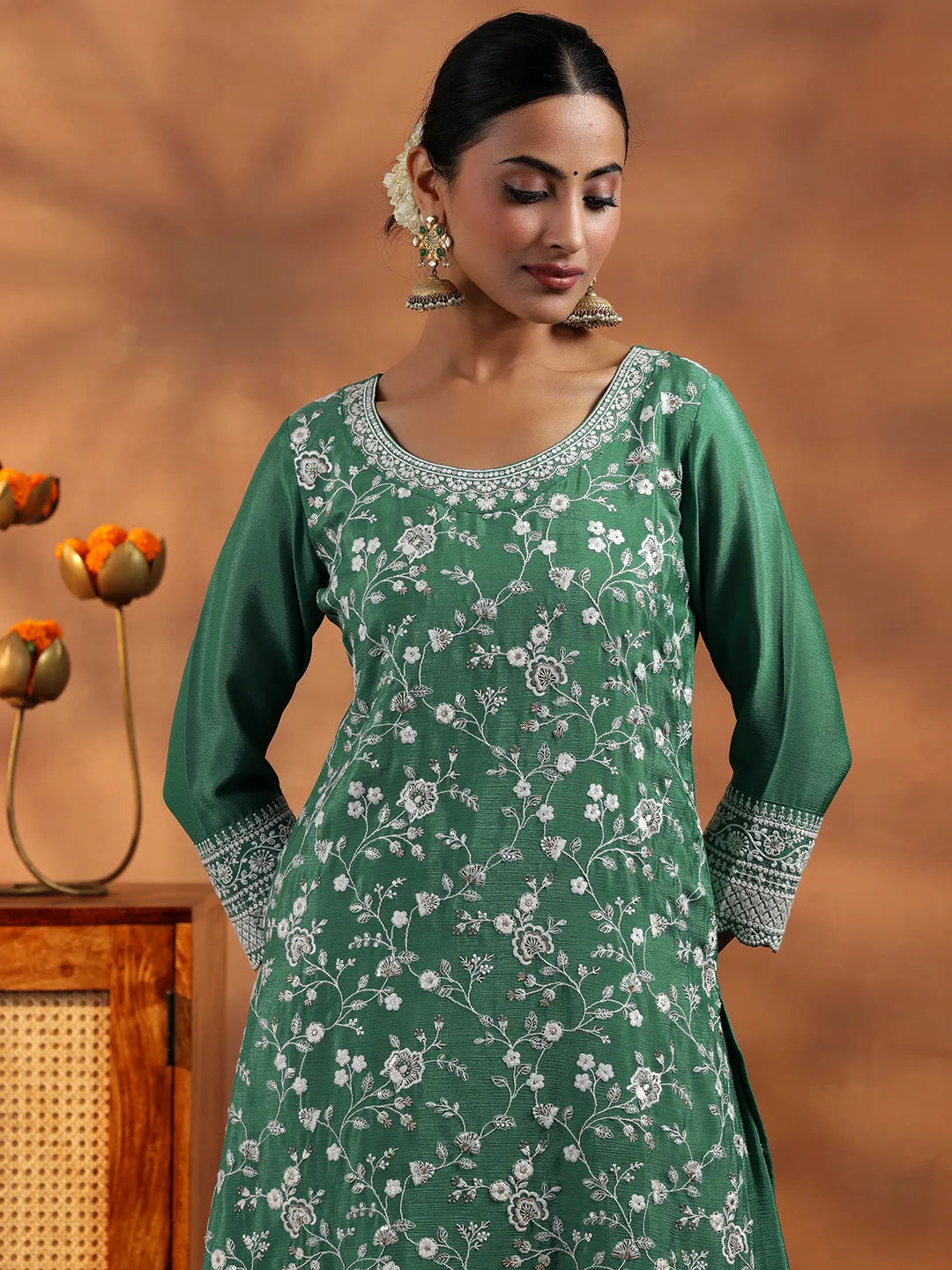  Green Embroidered Silk Blend Straight Suit With Dupatta 