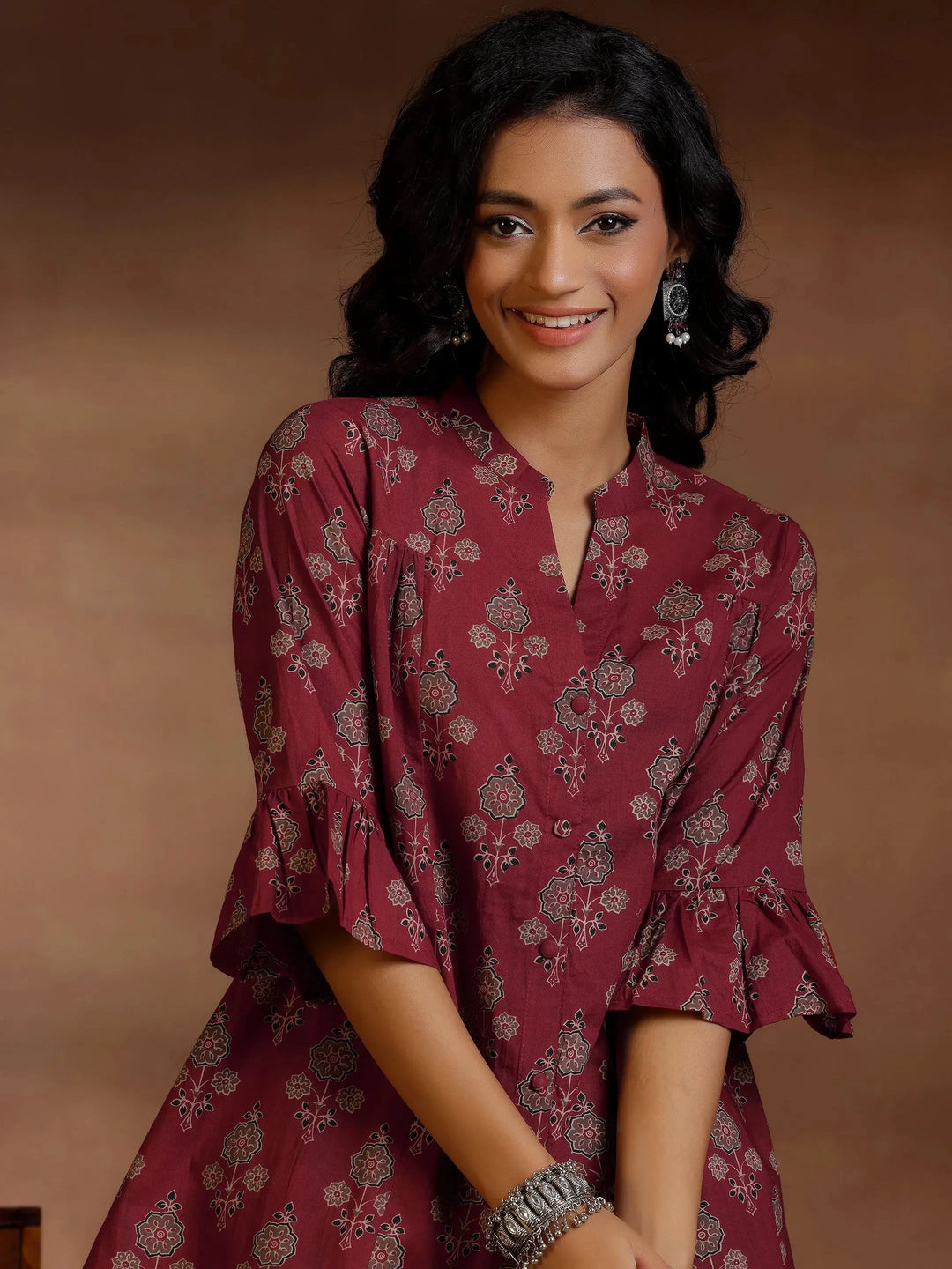  Maroon Printed Cotton A-Line Kurti 