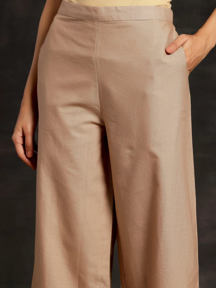 Beige Solid Cotton Wide Leg Palazzos - Libas