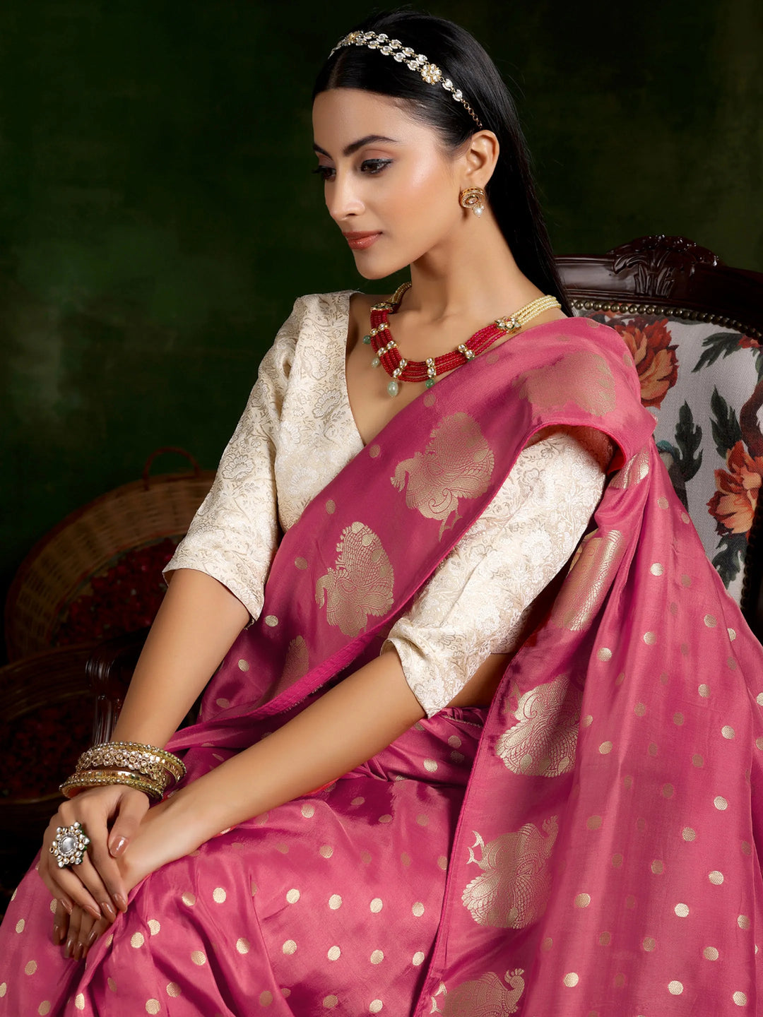  Pink Woven Design Silk Blend Saree With Unstitched Blouse Piece 