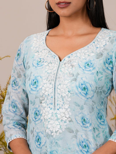 Blue Printed Linen Straight Suit With Dupatta - Libas