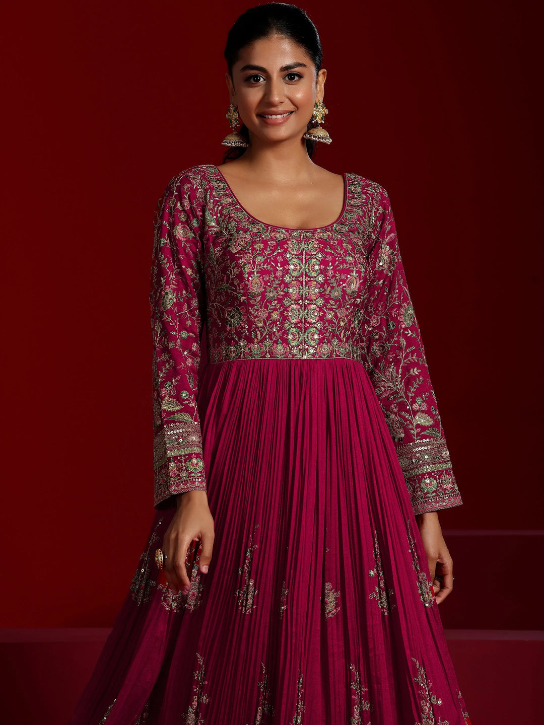  Libas Art Pink Embroidered Silk Blend A-Line Kurta With Trousers & Dupatta 