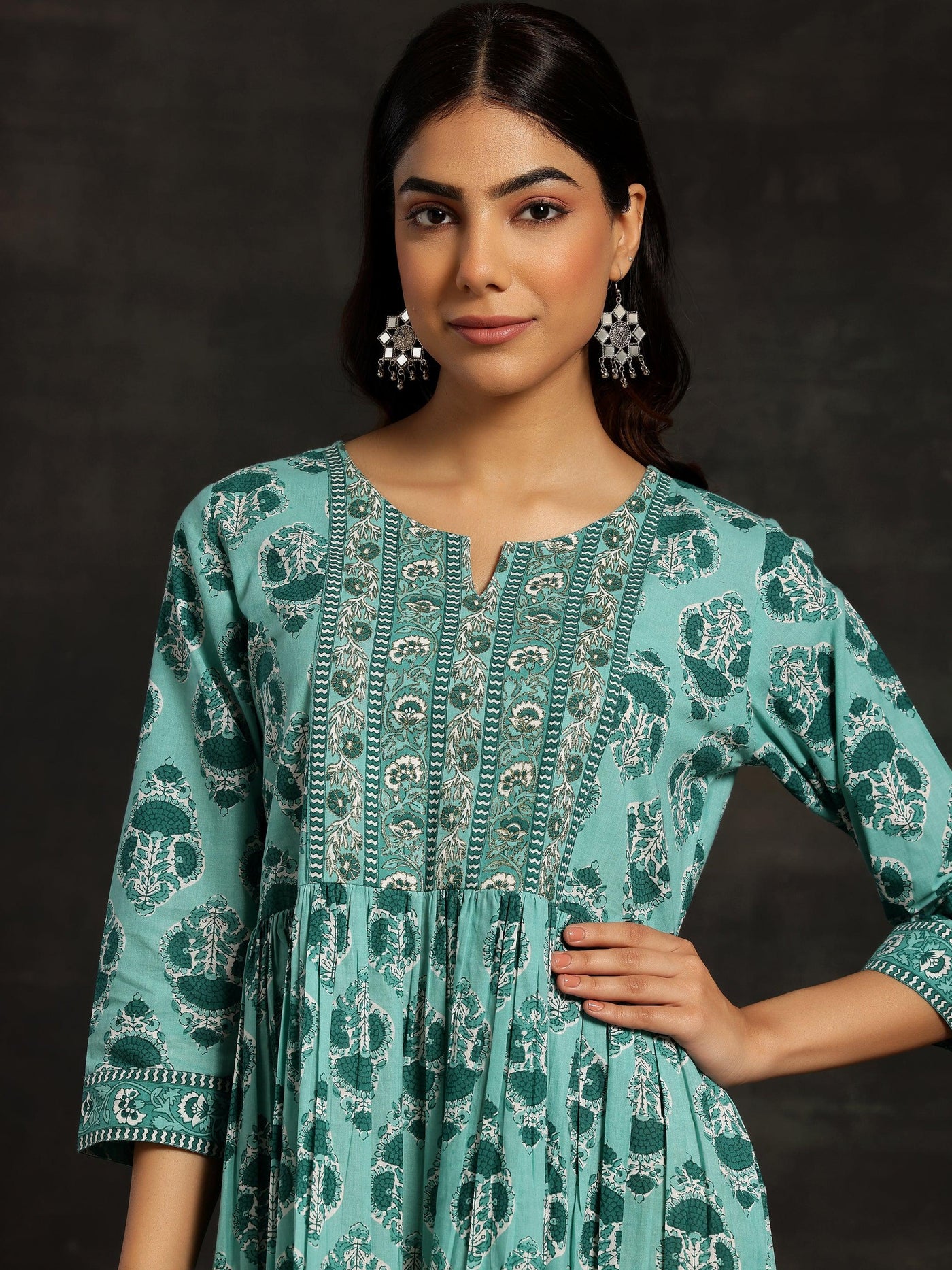 Sea Green Printed Cotton Fit and Flare Dress - Libas