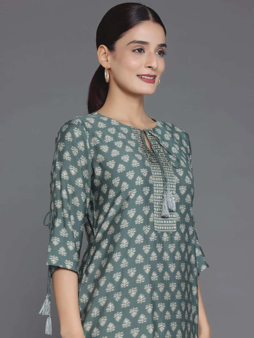 Green Printed Silk Blend Straight Kurta Set - Libas 