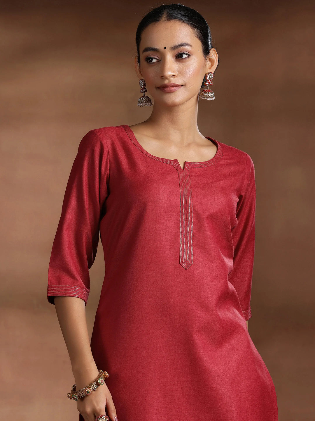  Maroon Solid Cotton Blend Straight Suit With Dupatta 