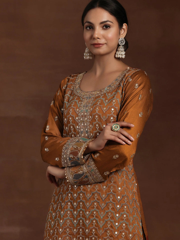Rust Embroidered Silk Blend Straight Kurta With Palazzos & Dupatta - Libas