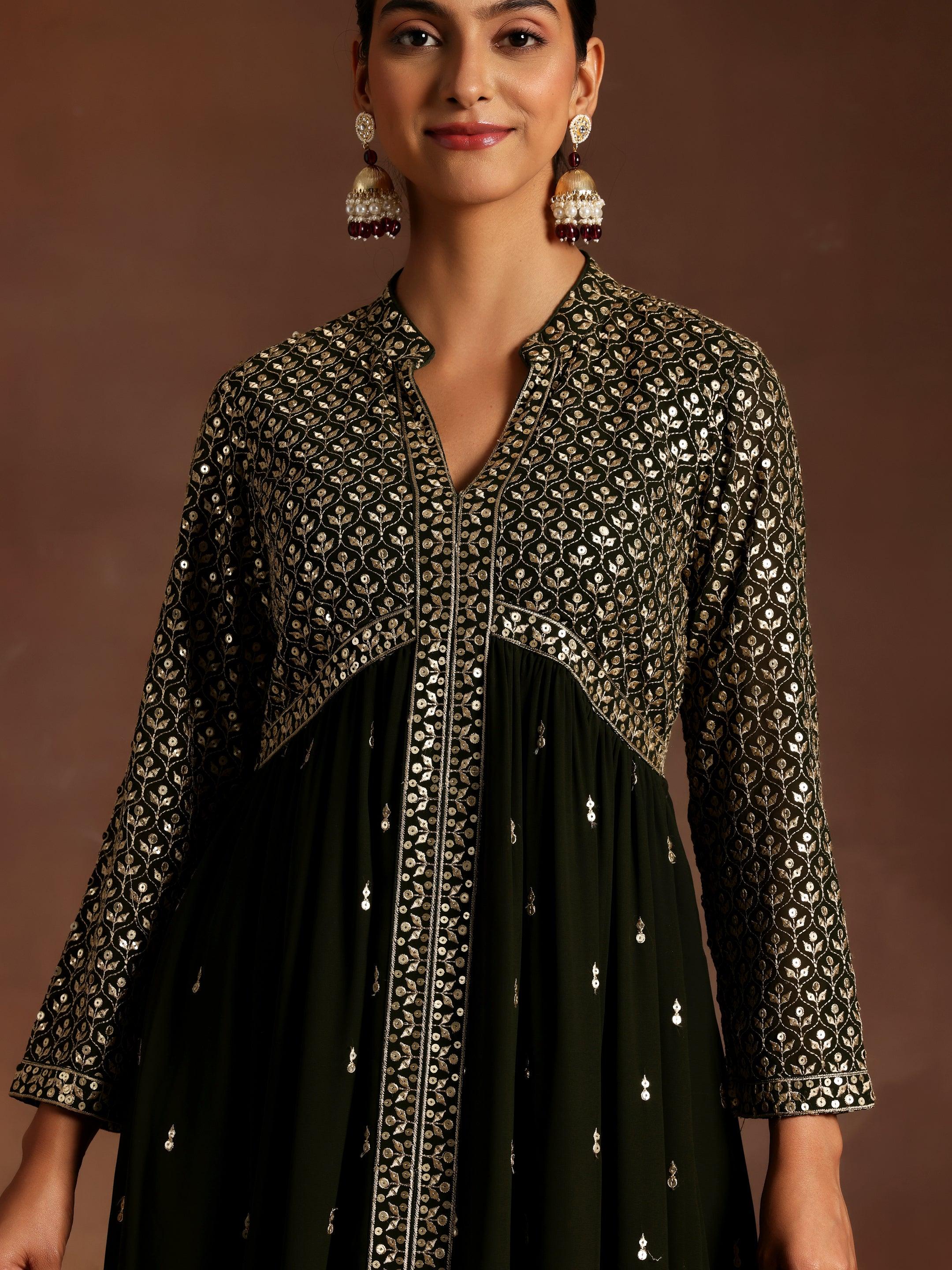 Olive Embroidered Georgette A-Line Kurta With Trousers & Dupatta