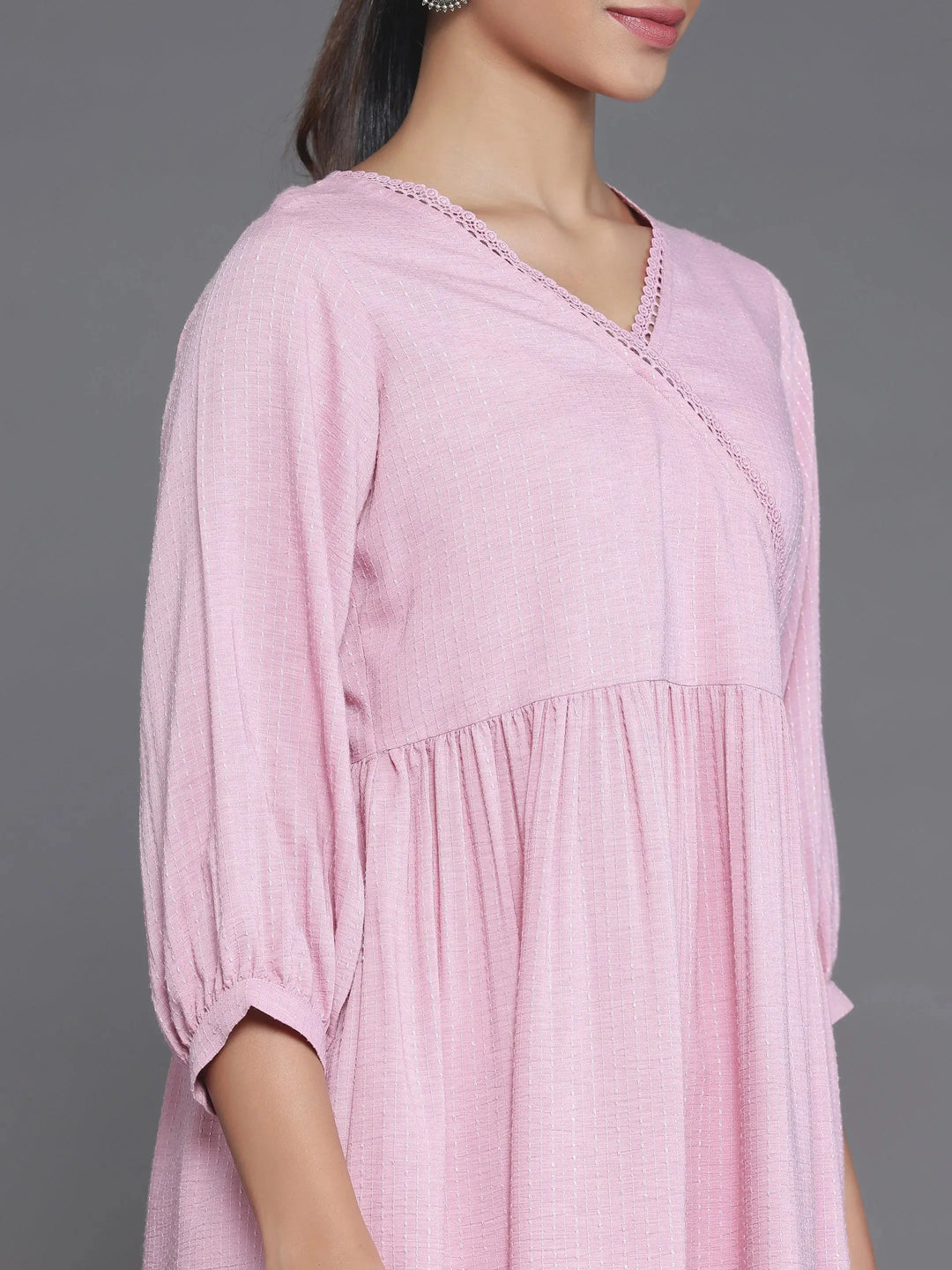  Pink Woven Design Cotton Blend A-Line Kurti 