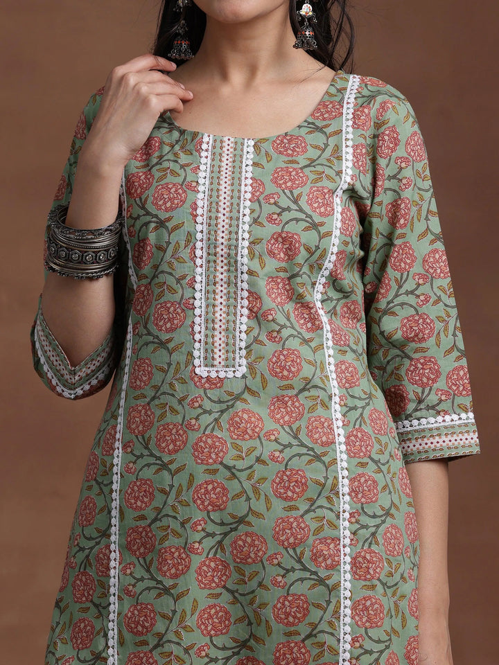 Green Printed Cotton Straight Kurta - Libas