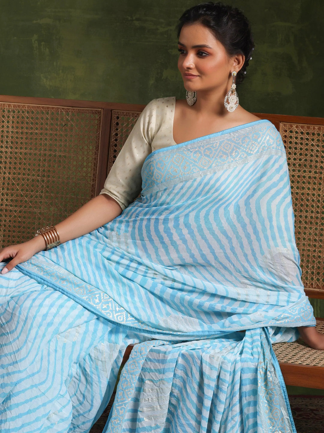 Blue Printed Poly Georgette Saree With Unstitched Blouse Piece - Libas 