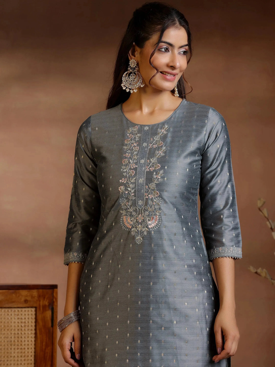  Grey Yoke Design Silk Blend Straight Suits With Dupatta 
