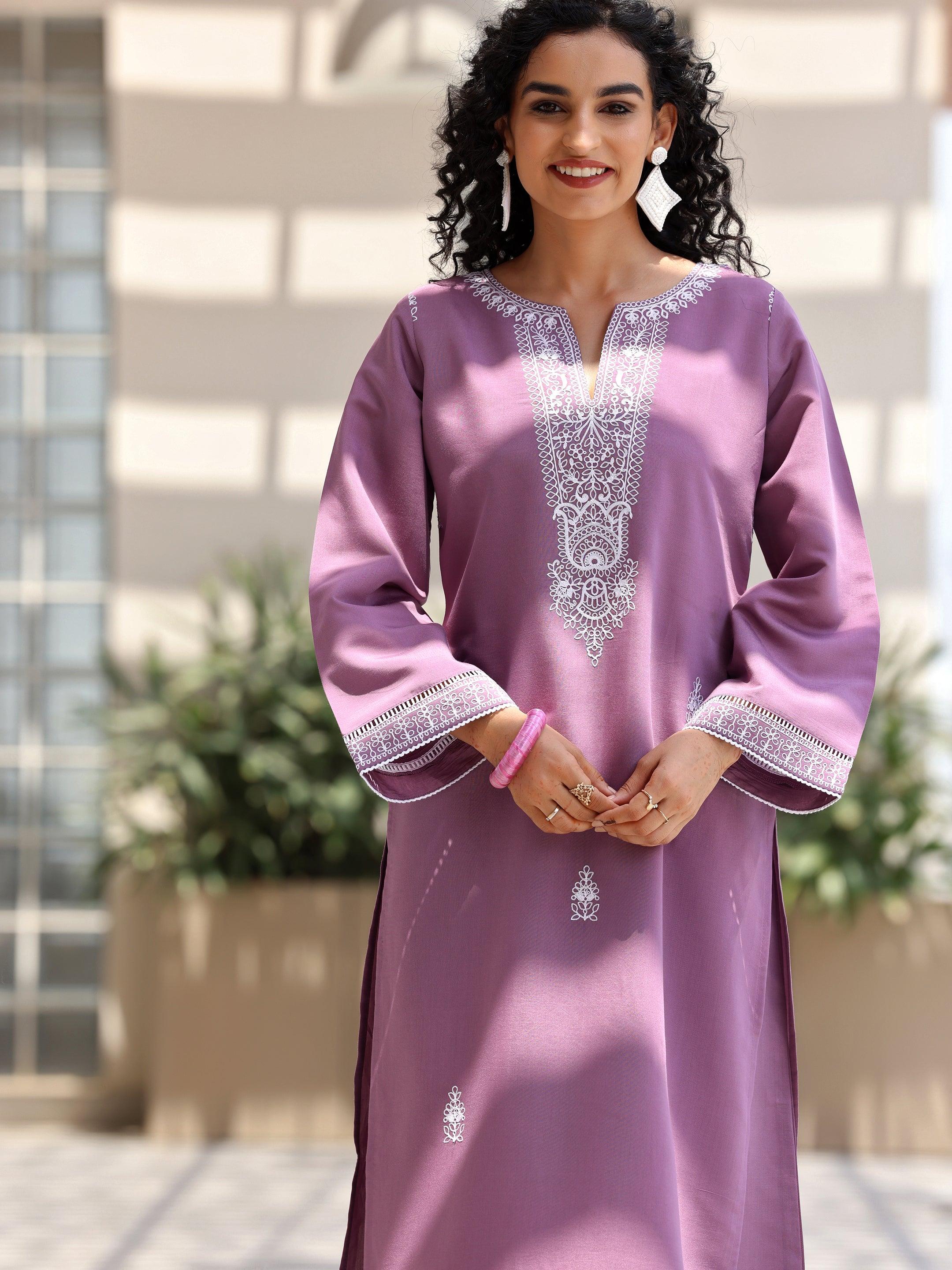 Mauve Embroidered Silk Blend Straight Suit With Dupatta