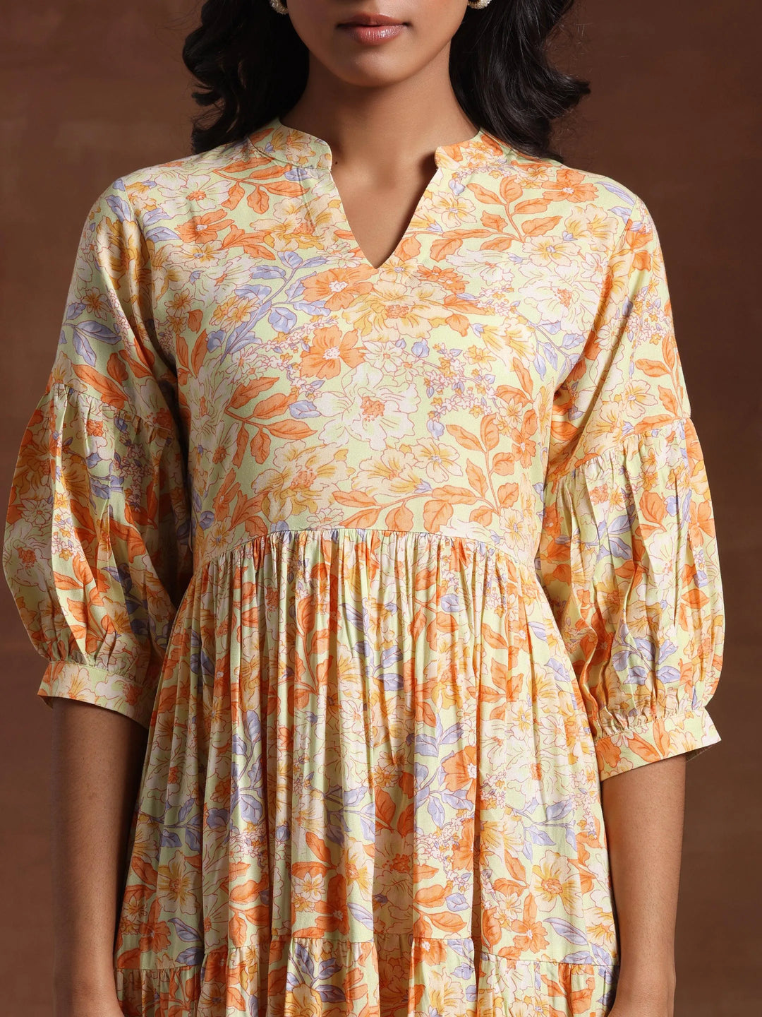 Yellow Printed Rayon Fit and Flare Dress - Libas 