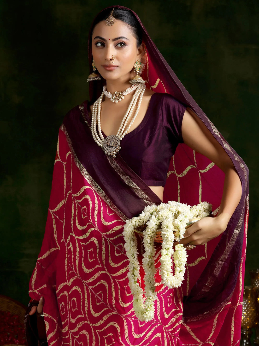  Pink Printed Chiffon Saree With Unstitched Blouse Piece 
