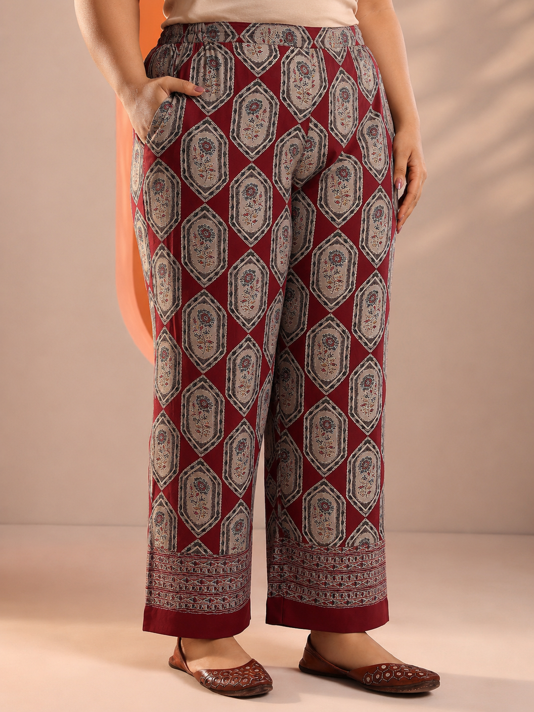 Plus Size Red Printed Silk Blend Straight Suit Set 